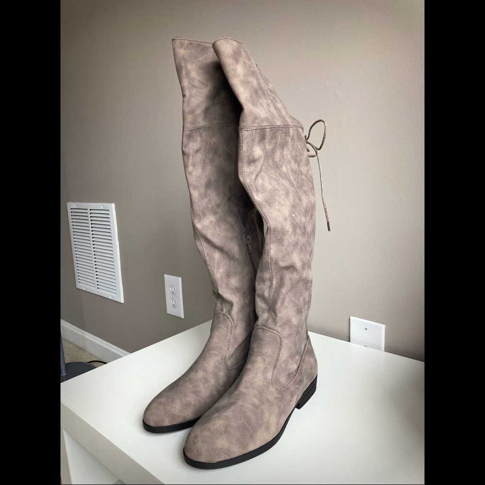 Women’s Knee High Taupe Lace-Back Boots